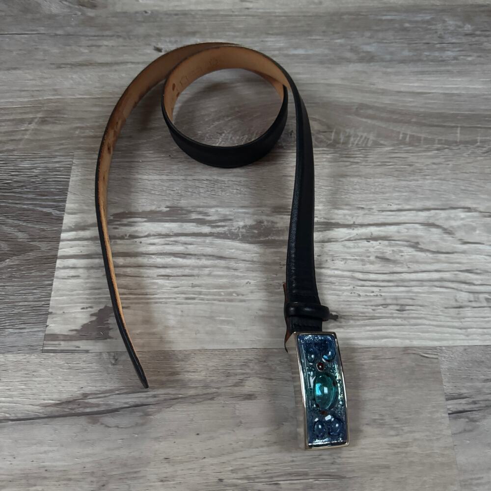Qualheim Bollerini Black Leather Belt Blue Art Glass Buckle Italy Vintage Y2K